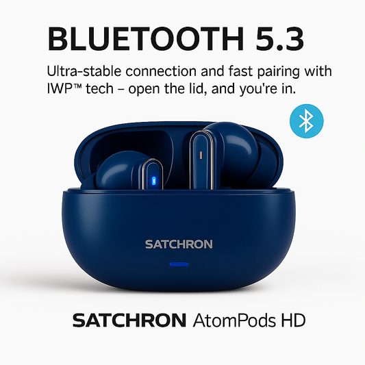Satchron AtomPods HD noise-cancelling wireless earbuds in blue