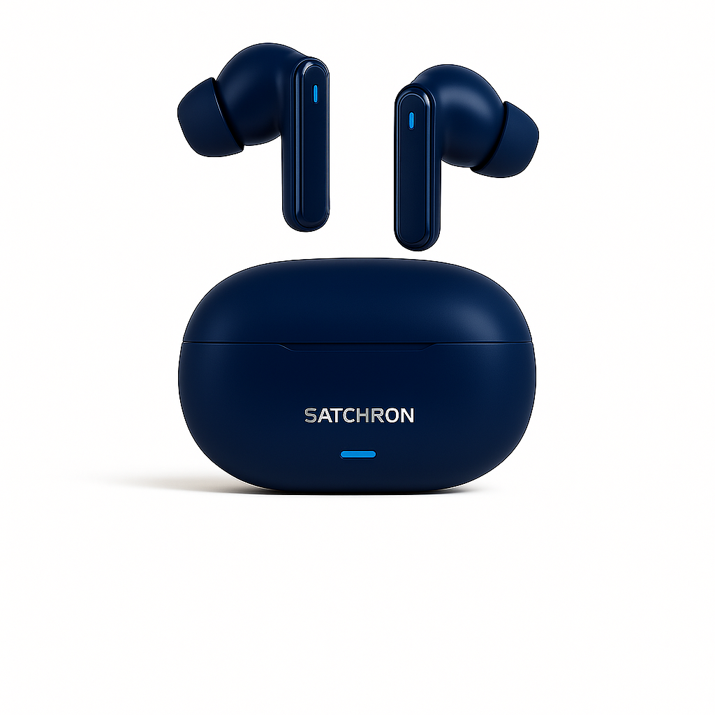 Satchron AtomPods HD noise-cancelling wireless earbuds in blue