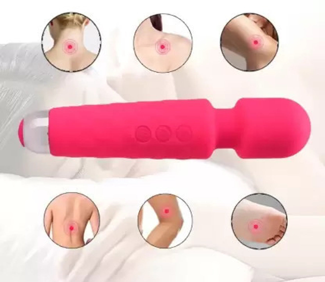 Woman using full body massager for neck and shoulder pain