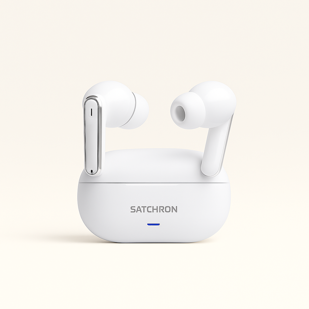 Satchron AtomPods HD noise-cancelling wireless earbuds in white