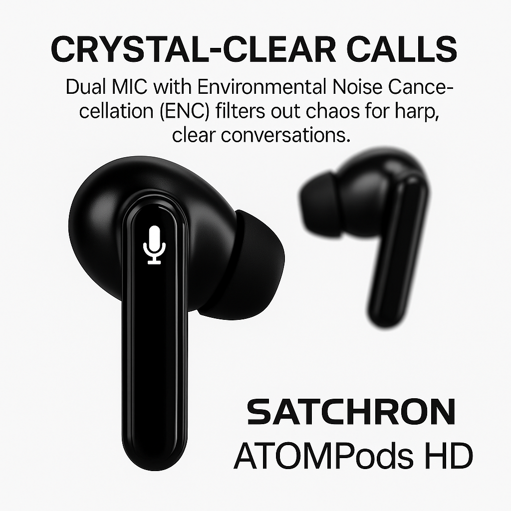 Satchron AtomPods HD noise-cancelling wireless earbuds in black