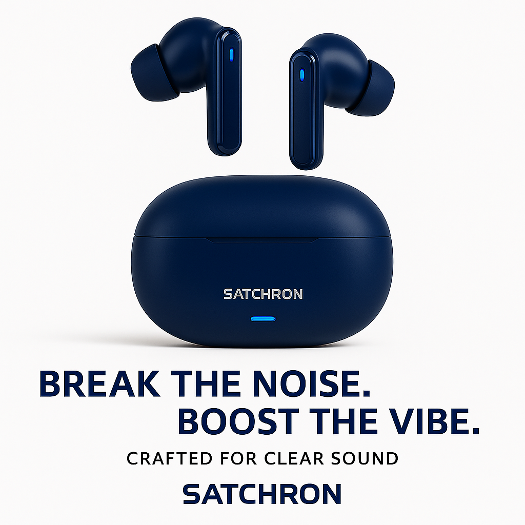 Satchron AtomPods HD noise-cancelling wireless earbuds in blue