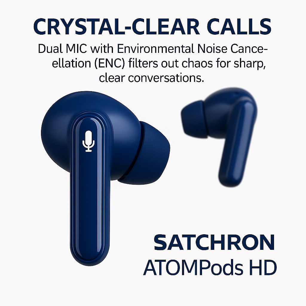 Satchron AtomPods HD noise-cancelling wireless earbuds in blue